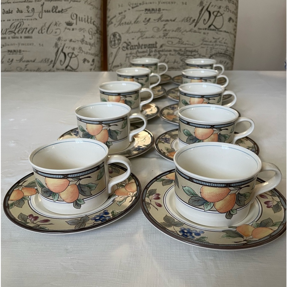 Mikasa Garden Harvest Intaglio Stoneware Tea Cup & Saucer Sets (10 sets).
